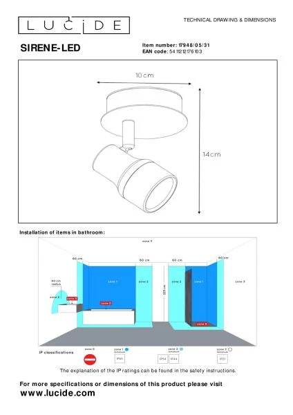 Lucide SIRENE-LED - Plafondspot Badkamer - Ø 10 cm - LED Dimb. - GU10 - 1x5W 3000K - IP44 - Wit - technisch